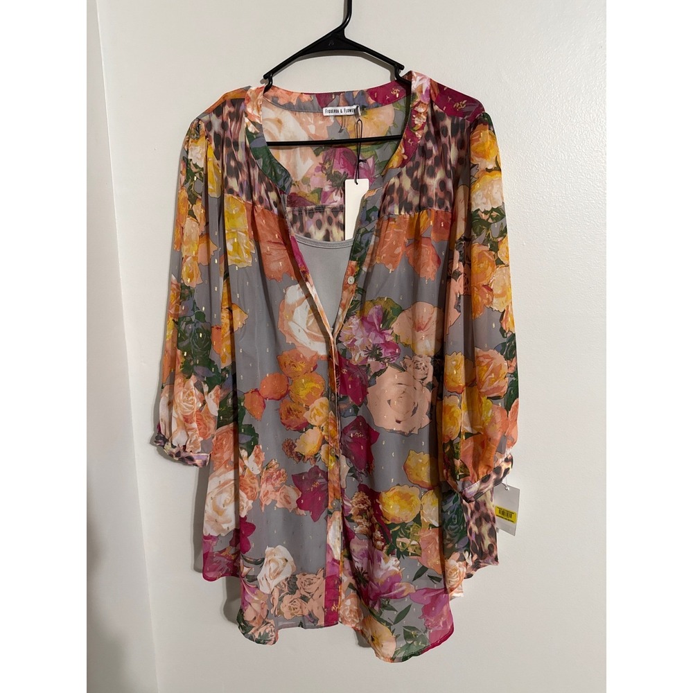Figueroa & Flower Womens 2X Floral Leopard Print Gold Clip Dot Blouse NWT
